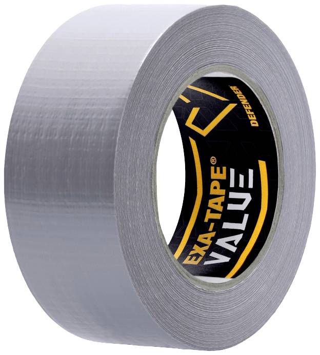 A grey roll of adhesive tape with the label 'EXA-TAPE VALUE DEFENDER' printed on it.