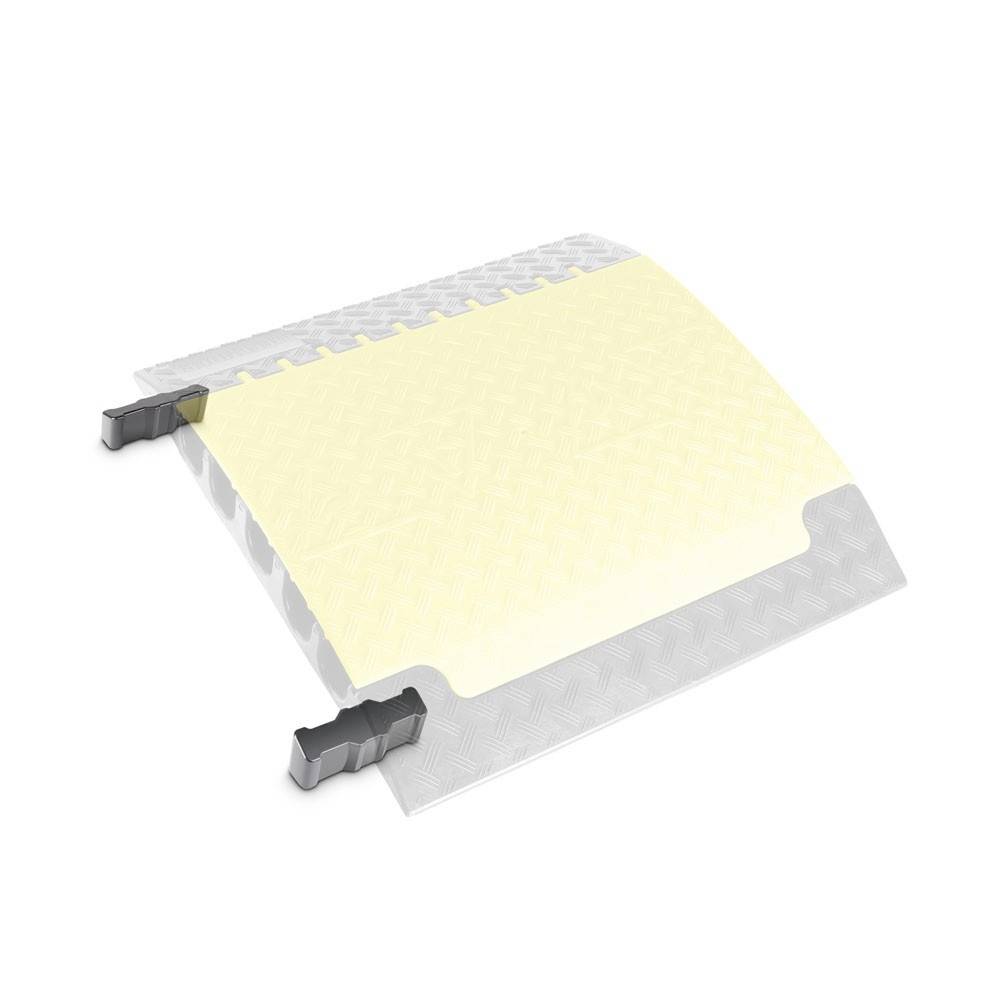 A yellow cable protection bridge with a non-slip surface, featuring two grey connecting pieces, designed for outdoor use.