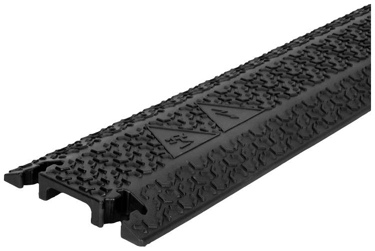 Black rubber cable protection with non-slip surface and embossed zigzag pattern, suitable for cable safety on floors.