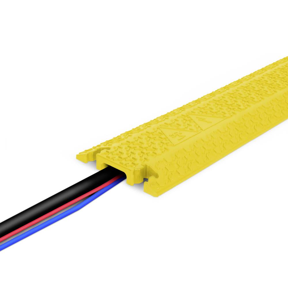 Yellow cable bridge on a white background, protecting and organising three coloured cables. Prevents trip hazards and cable damage.