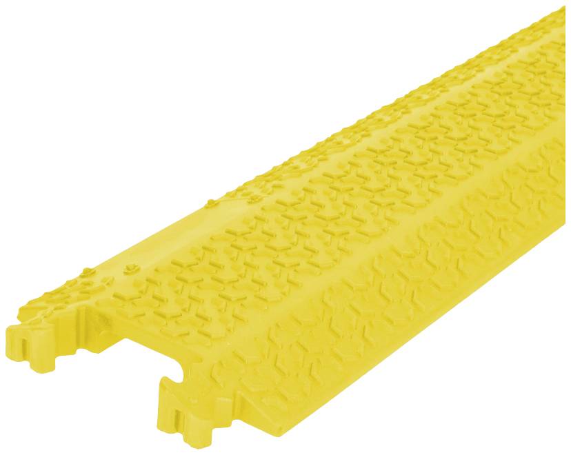 Yellow, rectangular cable protector with non-slip, textured surface pattern, designed to protect cables and hoses on floors.
