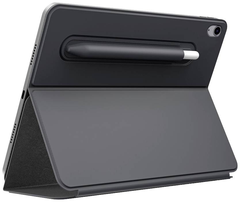 A tablet in a black case with a holder for a stylus on the back, propped up at an angle for viewing.