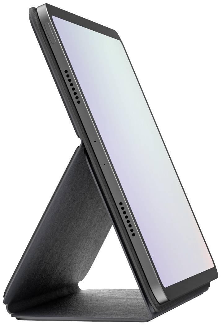 A tablet in a stand in portrait orientation. The screen displays a soft gradient pattern. The casing is dark and elegantly designed.