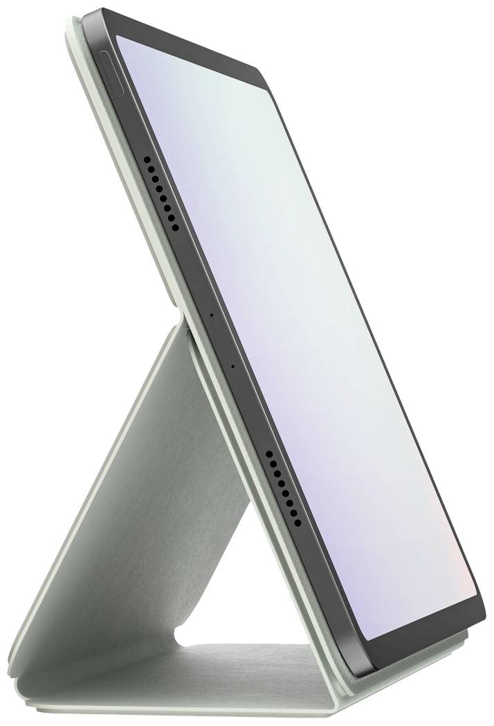 A tablet is positioned sideways in a foldable stand, with the display switched off. The stand enables hands-free usage.