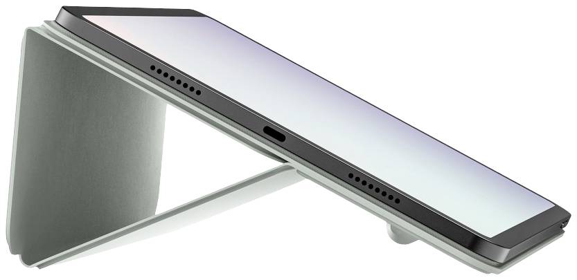 A modern, foldable smartphone lies half-opened, revealing its edge. The device has a sleek, minimalist design.