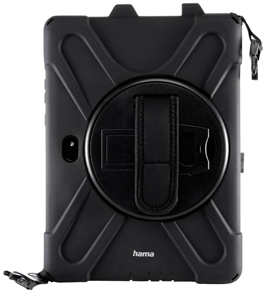 Black protective case for a tablet with a rotatable, integrated handle on the back, brand name 'hama' visible.