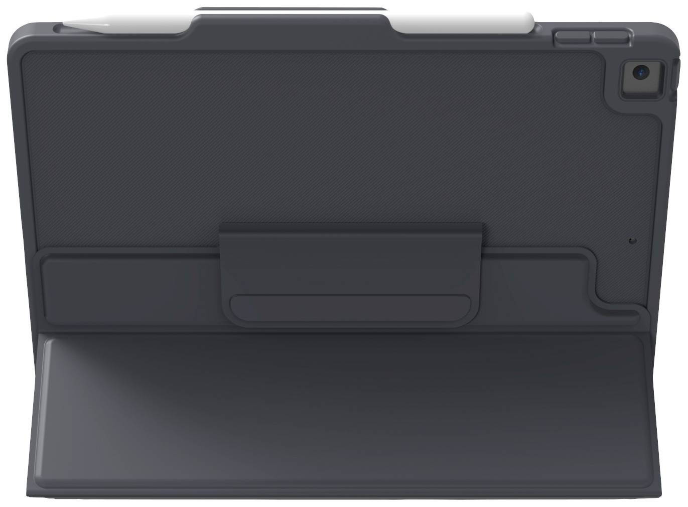 A black tablet case with an integrated stand and a stylus holder at the top.