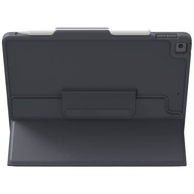 A black tablet case with an integrated stand and a stylus holder at the top.