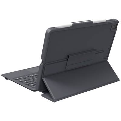 Tablet with attached keyboard case in black, rear view, showing folding stand for upright positioning.