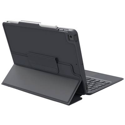 Tablet with a black protective case and integrated keyboard, opened from the side view.