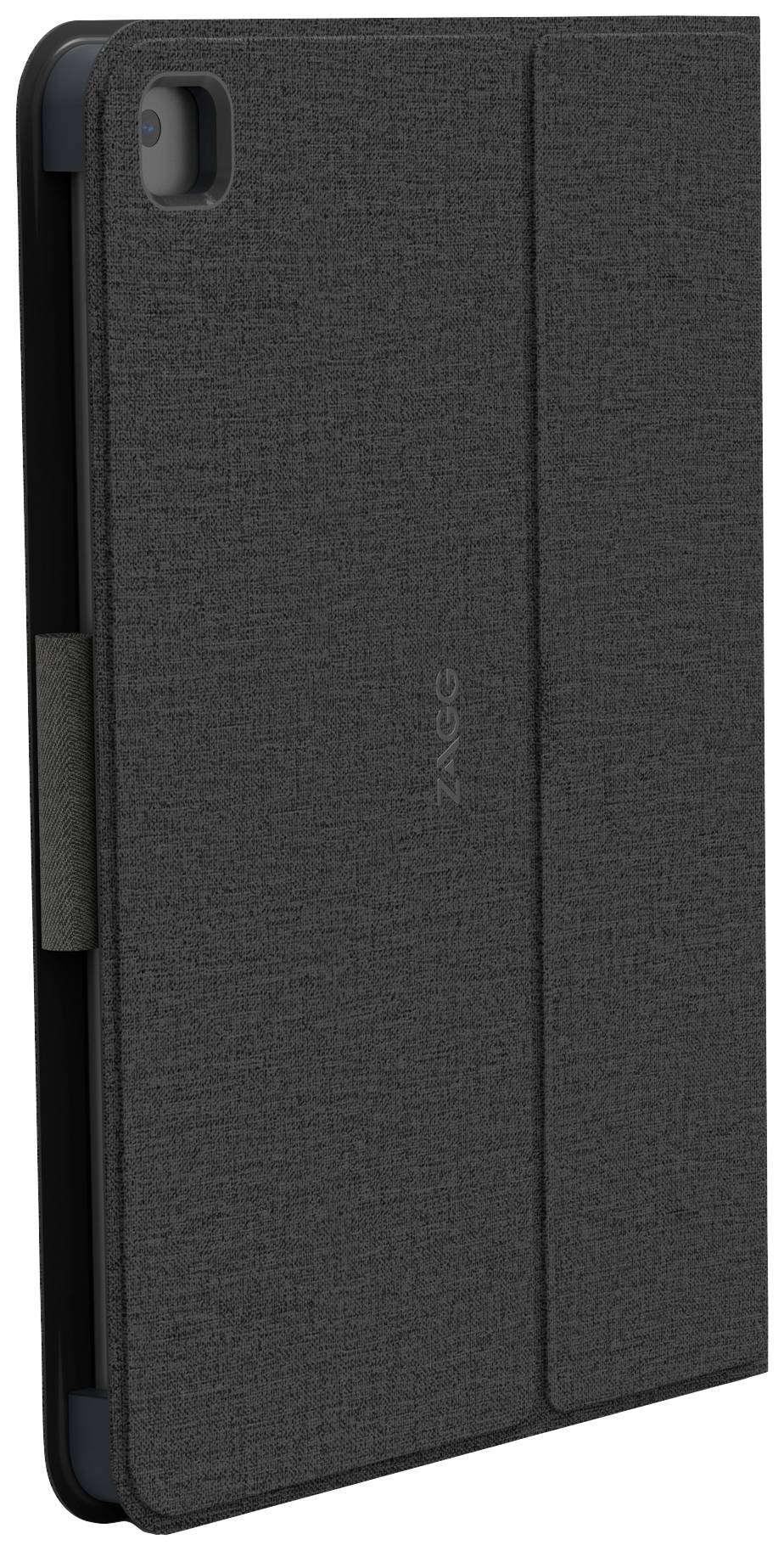 Dark tablet case with textured fabric, closed. Small camera opening on the left, brand name in the centre.