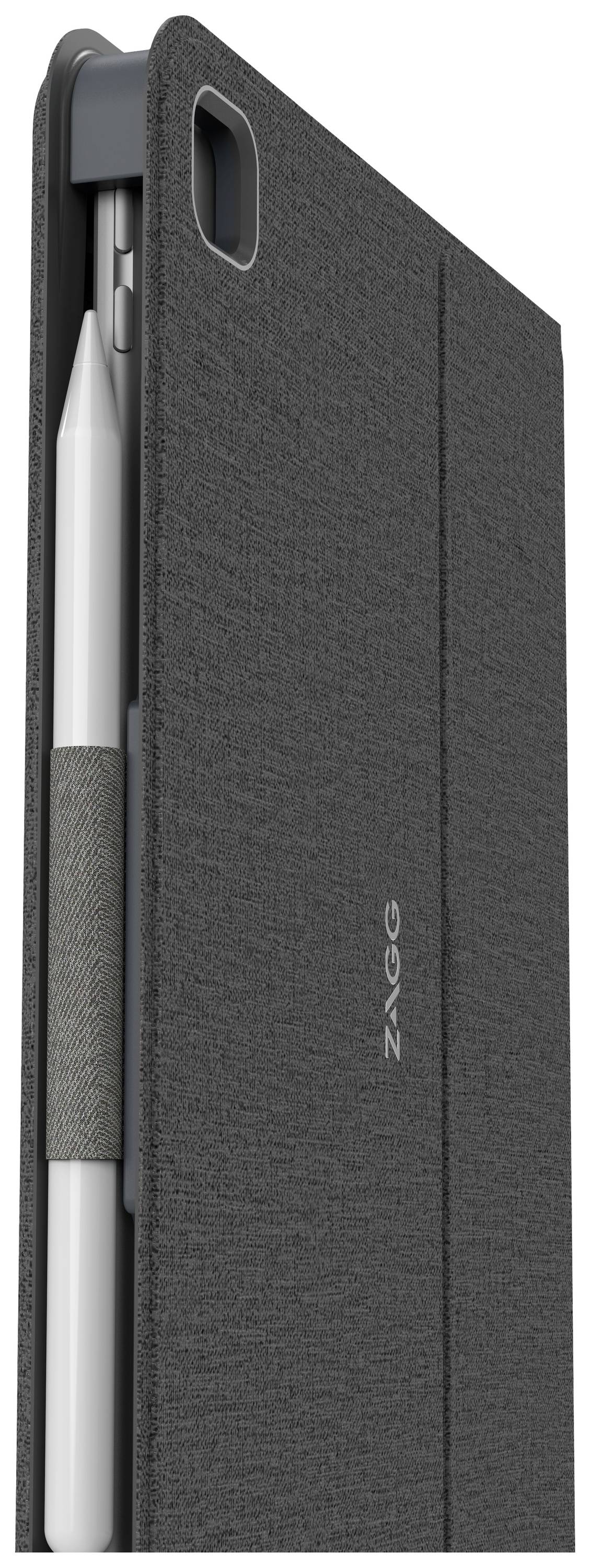 Black tablet cover by ZAGG with integrated holder for a white stylus.