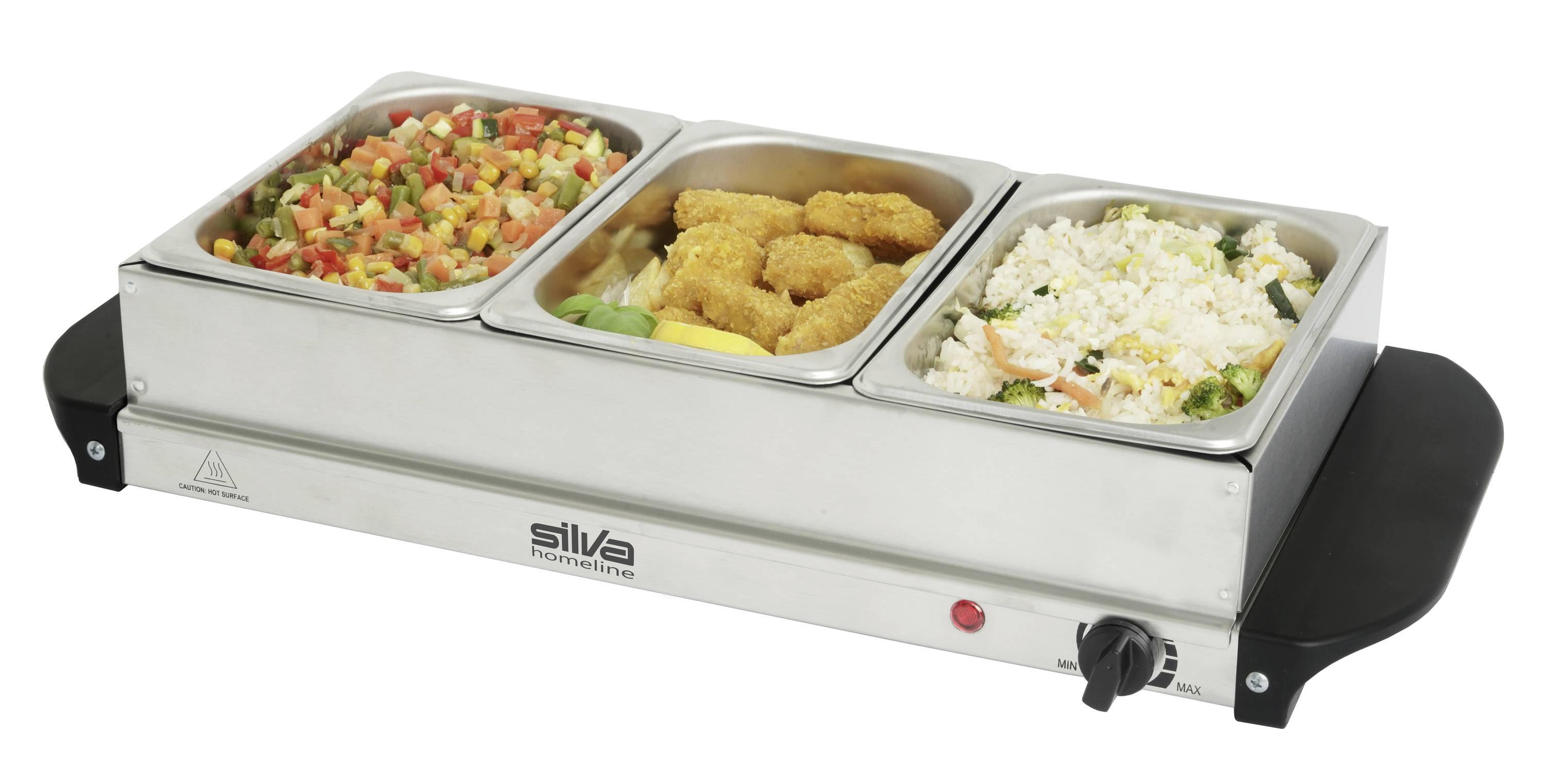 A triple-section buffet warmer with dishes: mixed vegetables on the left, breaded pieces in the middle, and rice with vegetables on the right.