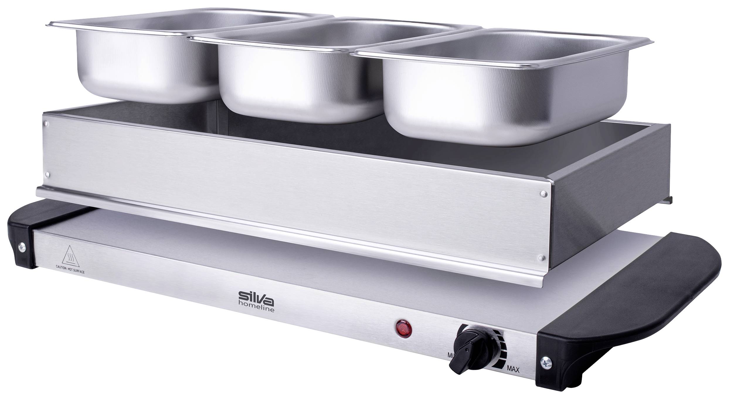 A buffet warmer with three stainless steel containers, perfect for keeping food warm at events. Temperature control and indicator light visible.