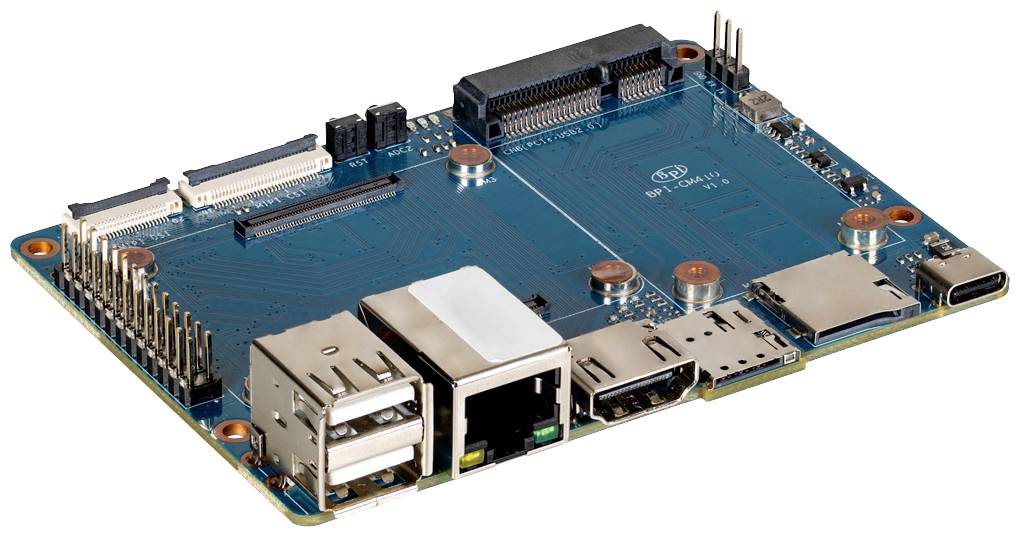 A single-board computer with USB ports, an Ethernet port and slots for external storage modules on a blue circuit board.
