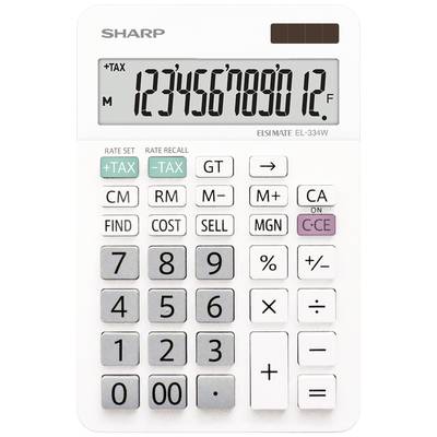 Calculator with solar-powered display shows number sequence '123456789012'. Several function keys such as '+TAX' and 'M+' are visible.