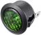 A round, black rocker switch with green, illuminated plastic on the top surface, used for switching a device on and off.