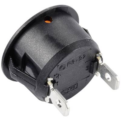 Rounded, black toggle switch with metal connections, illuminated by a small orange light when activated.
