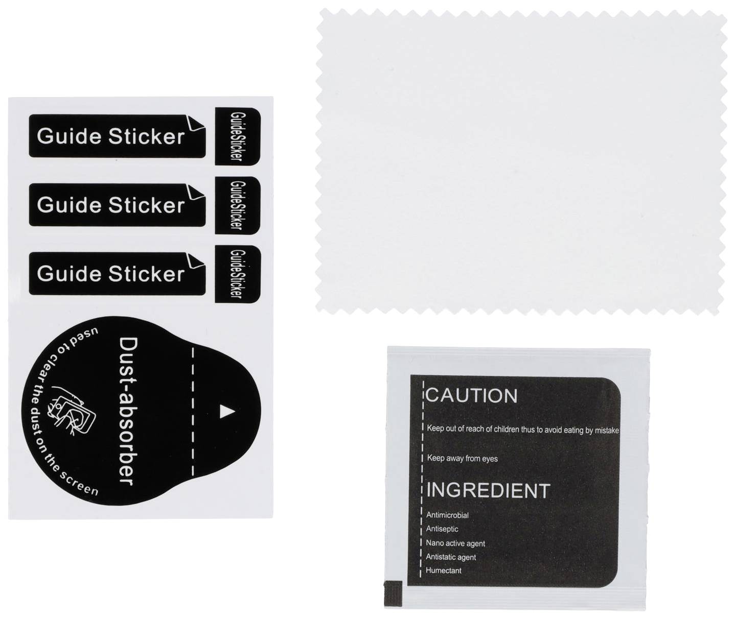 Dust absorber kit with three 'Guide Sticker' labels, a cloth, and a cleaning pack.
