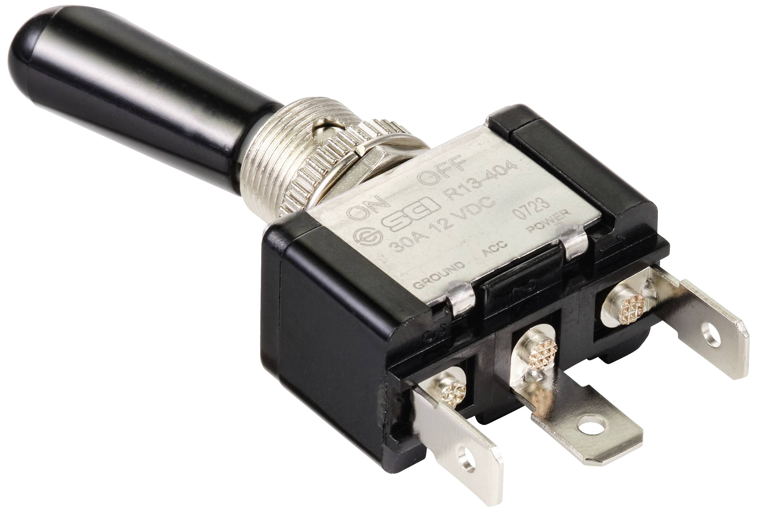 A toggle switch labelled 'ON' and 'OFF', suitable for 30A, 12V DC. Black housing, silver-coloured terminals.