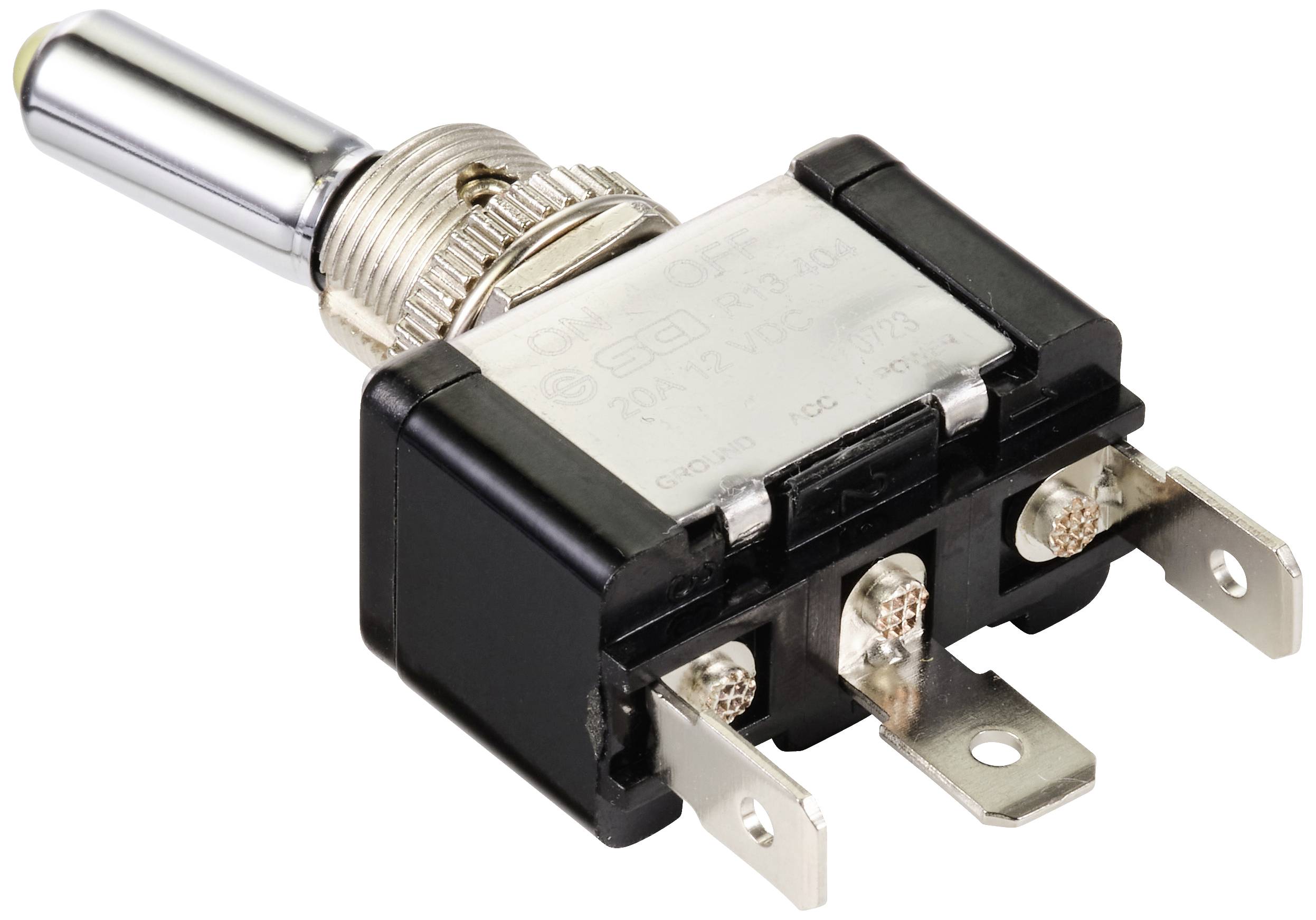 A toggle switch with a metal lever and three terminals underneath. The switch is mounted in a metal housing.
