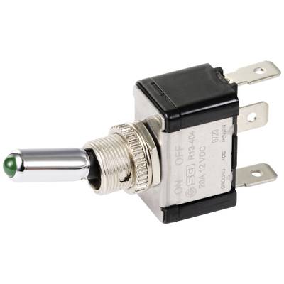 A toggle switch with three connection terminals, marked with labels for On/Off and technical specification 20A, 12V DC.