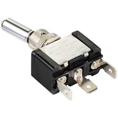 A toggle switch with a metal lever, marked with 'ON' and 'OFF', has three terminals on its underside, used for electrical connections.