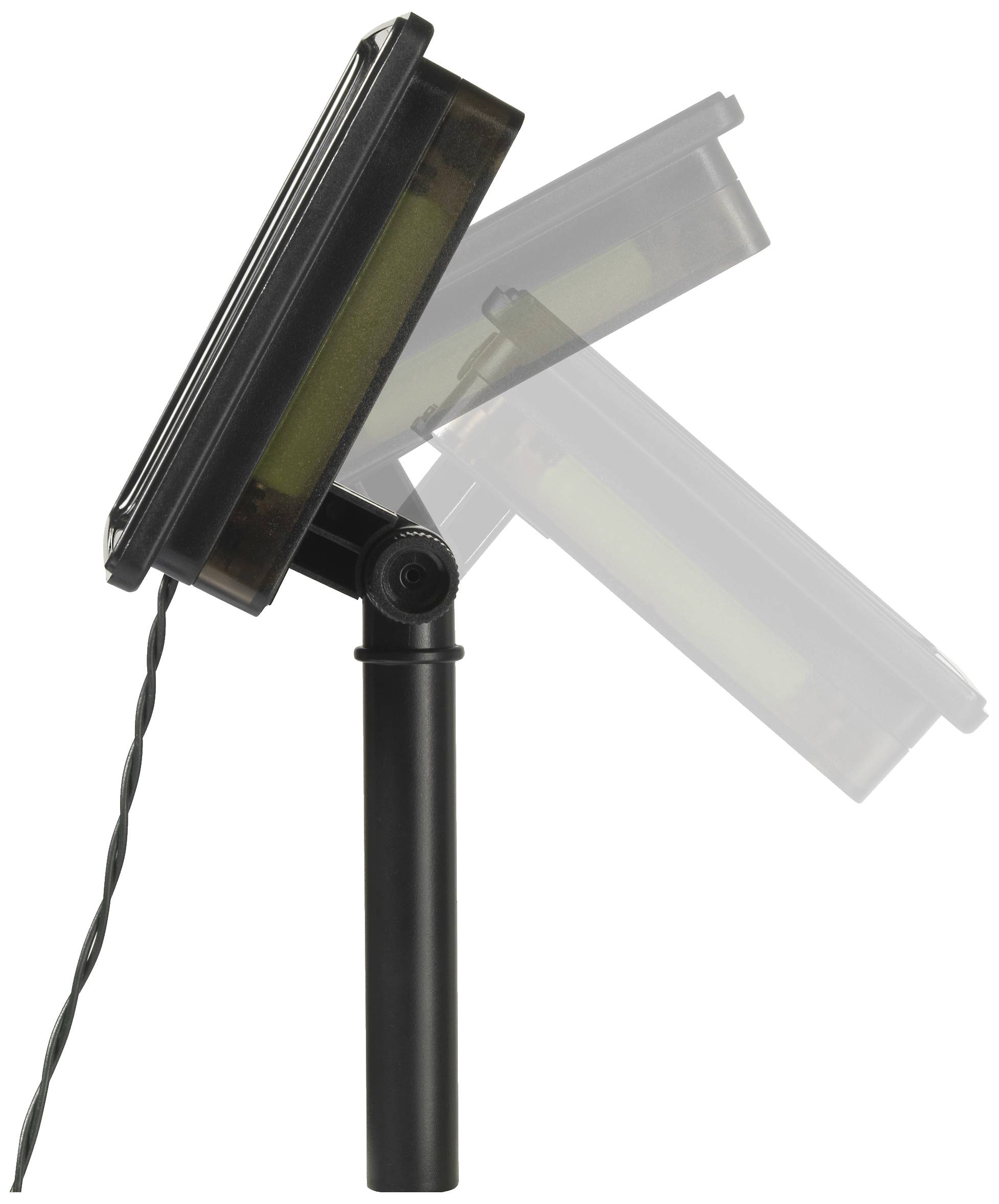 'Solar light with adjustable head and cable. The head can be tilted forwards or backwards to direct the light.'
