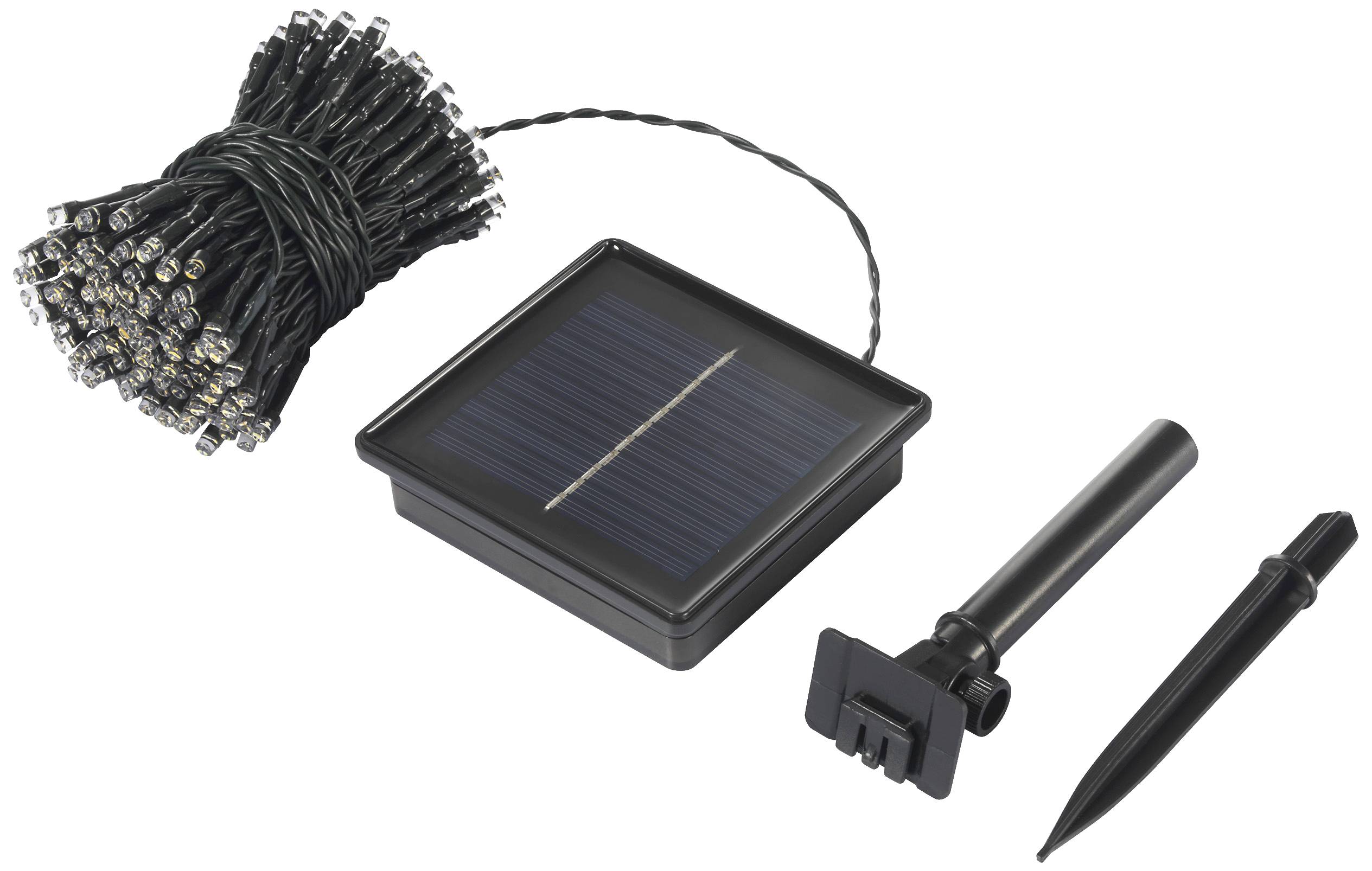 Solar-powered fairy lights with solar panel and ground stake. Perfect for outdoor lighting.