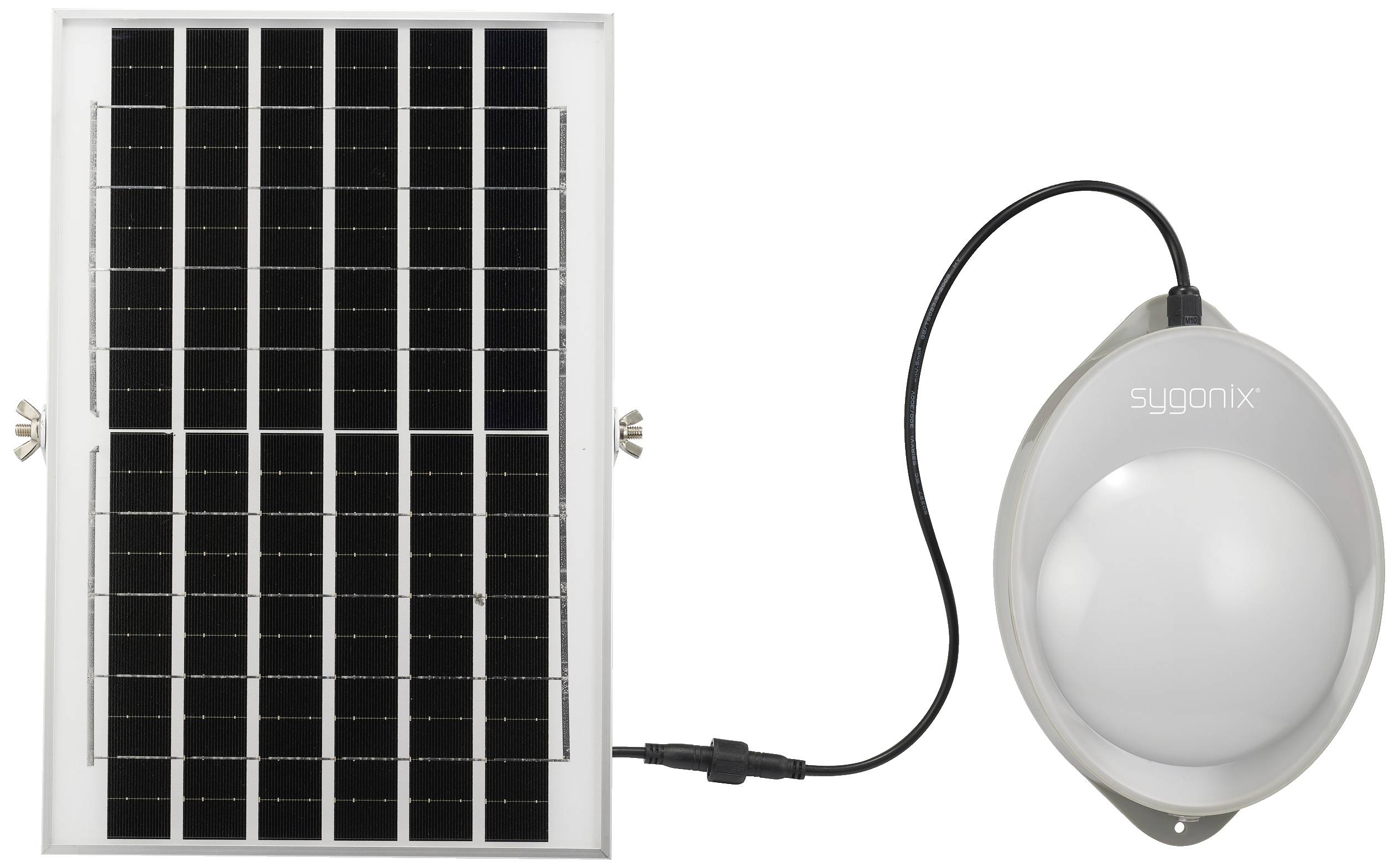 Solar panel and round LED light connected by cable. Solar panel for energy generation, mountable, LED light for outdoor use.