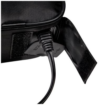A cable with a USB plug is inserted into a pocket that is closed with a hook and loop fastener.