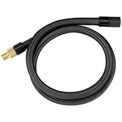 A flexible, black water hose with a gold-coloured connector, formed into a circle.