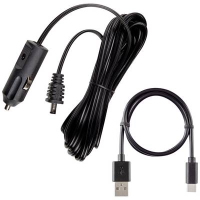 A long network cable with a cigarette lighter plug and a shorter USB cable. Ideal for devices in the car.