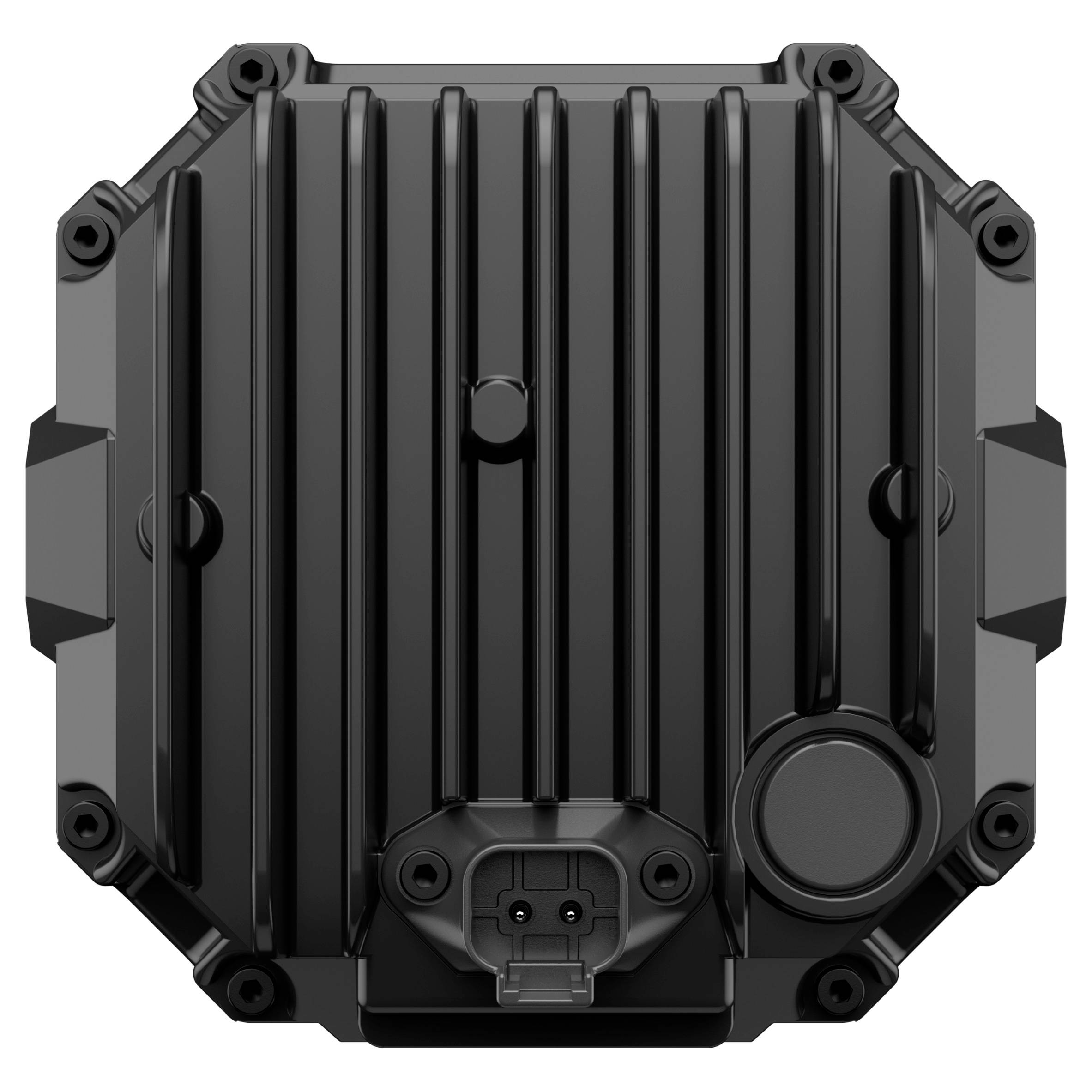 Black, square device with a ribbed pattern, a round cover, and a connection point at the bottom.
