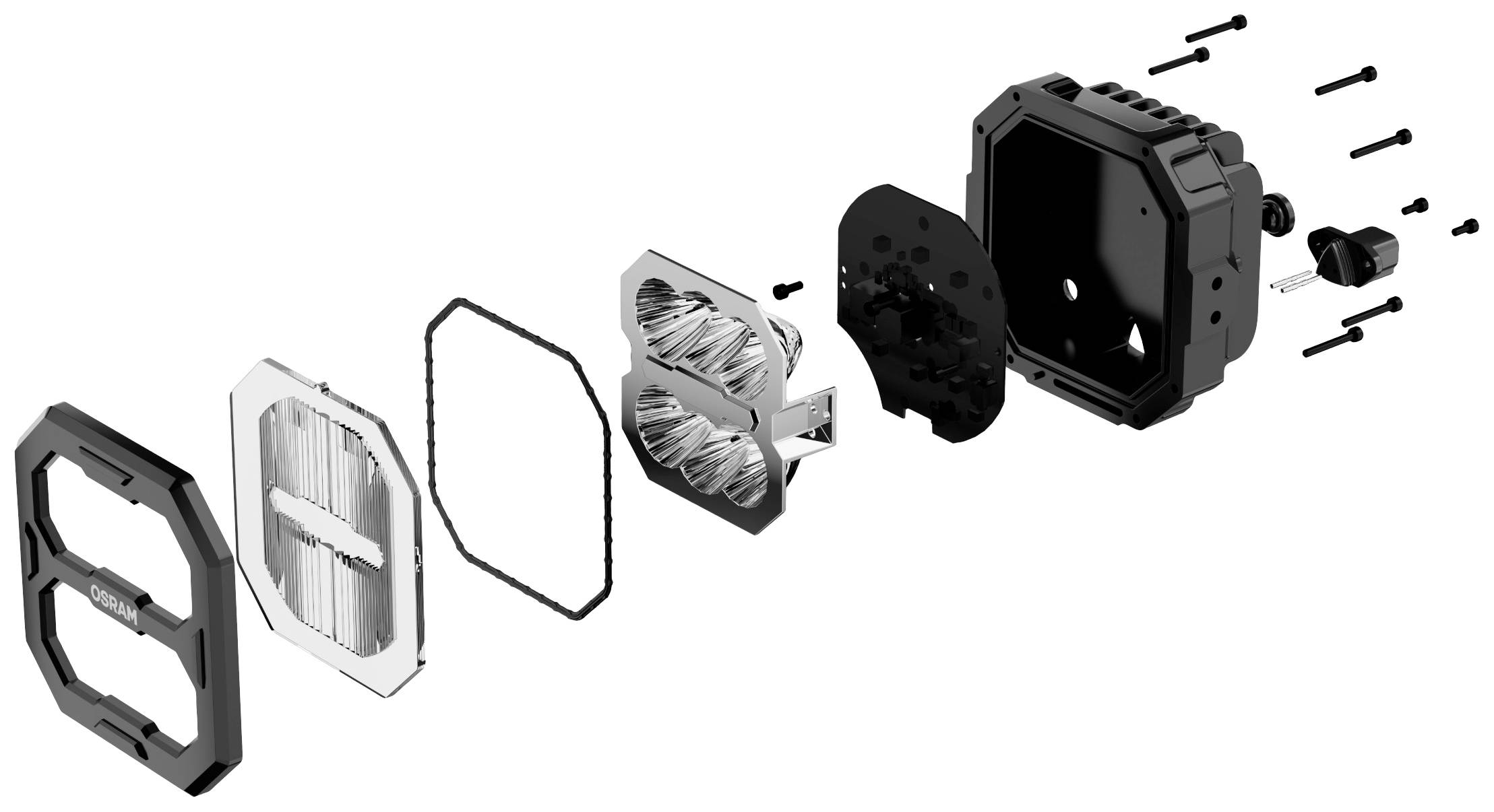 Exploded view diagram of a technical device with multiple components: frame, filter, seal, housing, fixing screws.