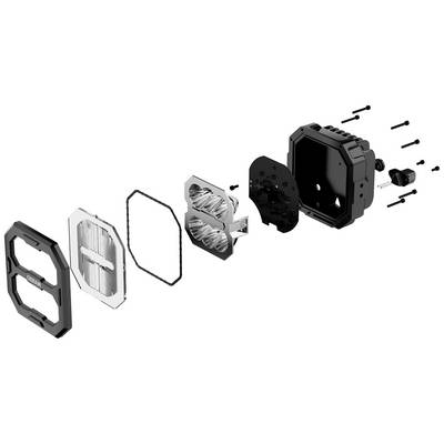 Exploded view diagram of a technical device with multiple components: frame, filter, seal, housing, fixing screws.