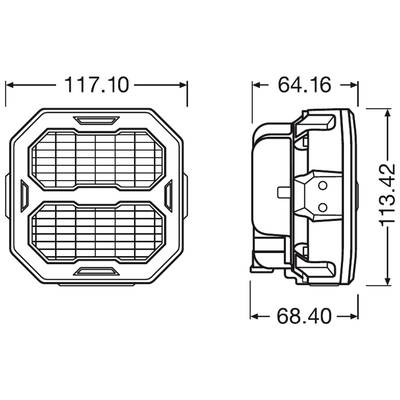 Technical drawing of a square component with the dimensions: width 117.10 mm, height 113.42 mm, depth 64.16 mm and 68.40 mm.
