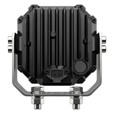 A black, robust technical device with a ribbed structure and four lateral ports, mounted on a metal bracket.
