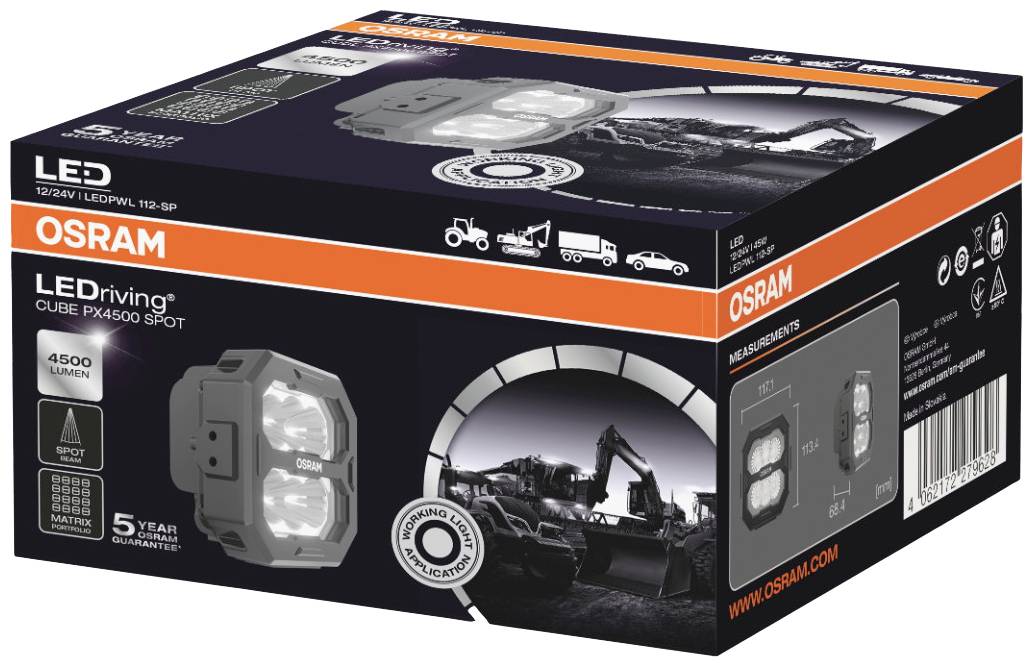 Product packaging for OSRAM LED work light with 4500 lumens, 5-year warranty. Images demonstrate application, including use with construction and agricultural machinery.