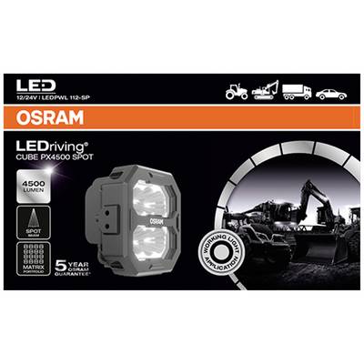 'LED OSRAM CUBE PX4500 SPOT' Headlight Packaging with 4500 Lumens, Suitable for Construction Machinery, with '5 Year OSRAM Guarantee'.