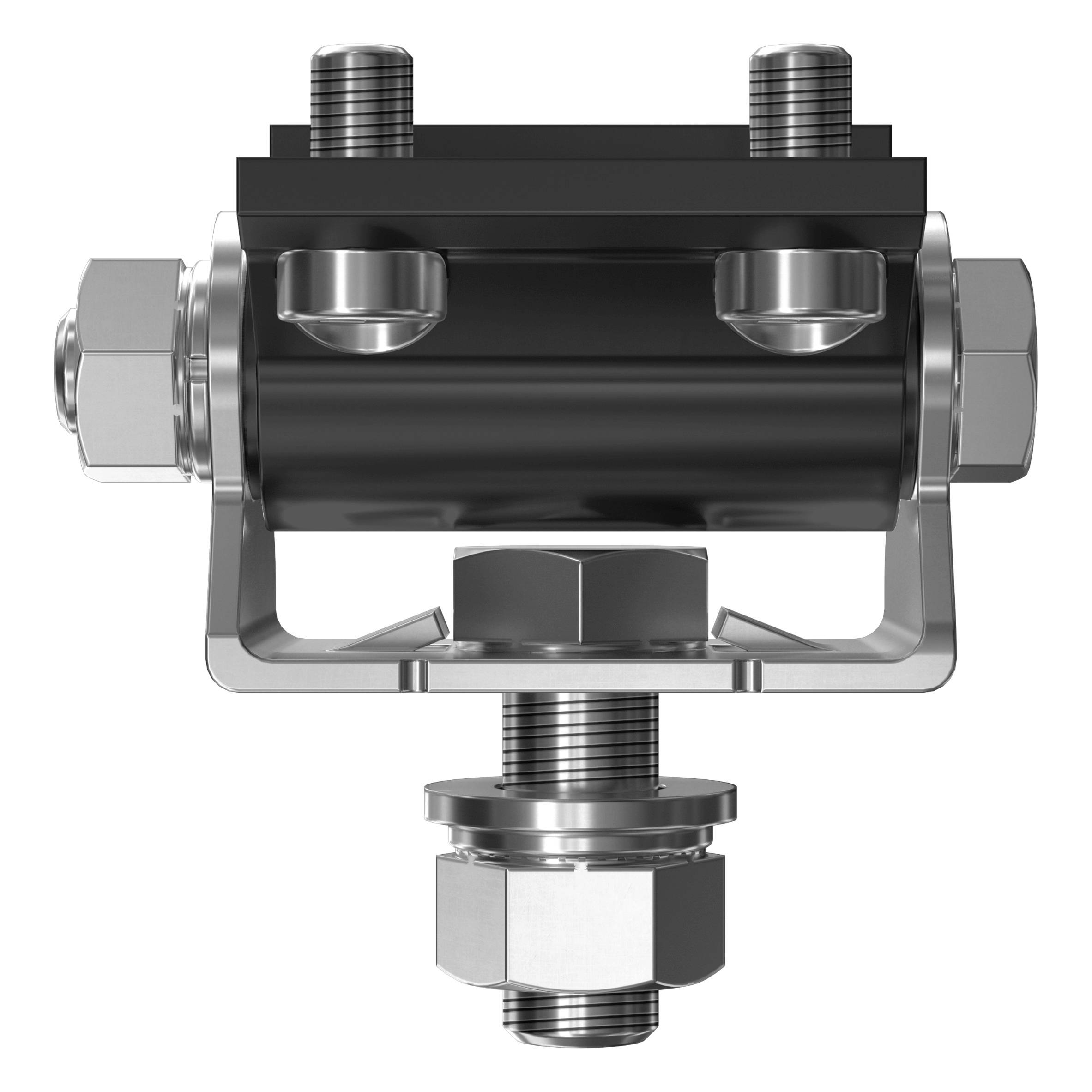 A metal fastening element with bolts and nuts, symmetrically arranged, demonstrates industrial design and technical functionality.