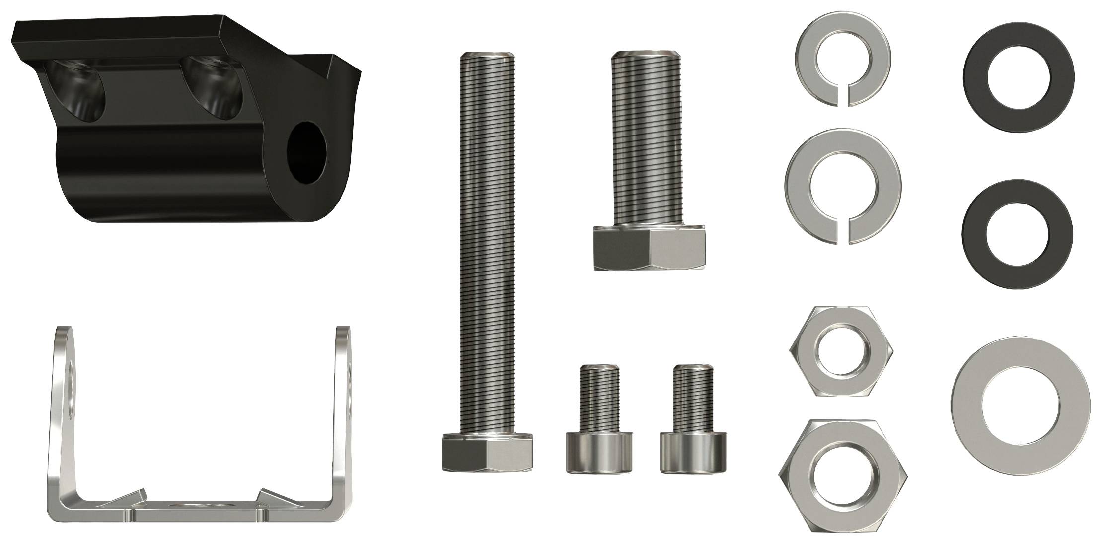Mounting set with screws, nuts, washers and a black bracket, used for fastening in technical applications.