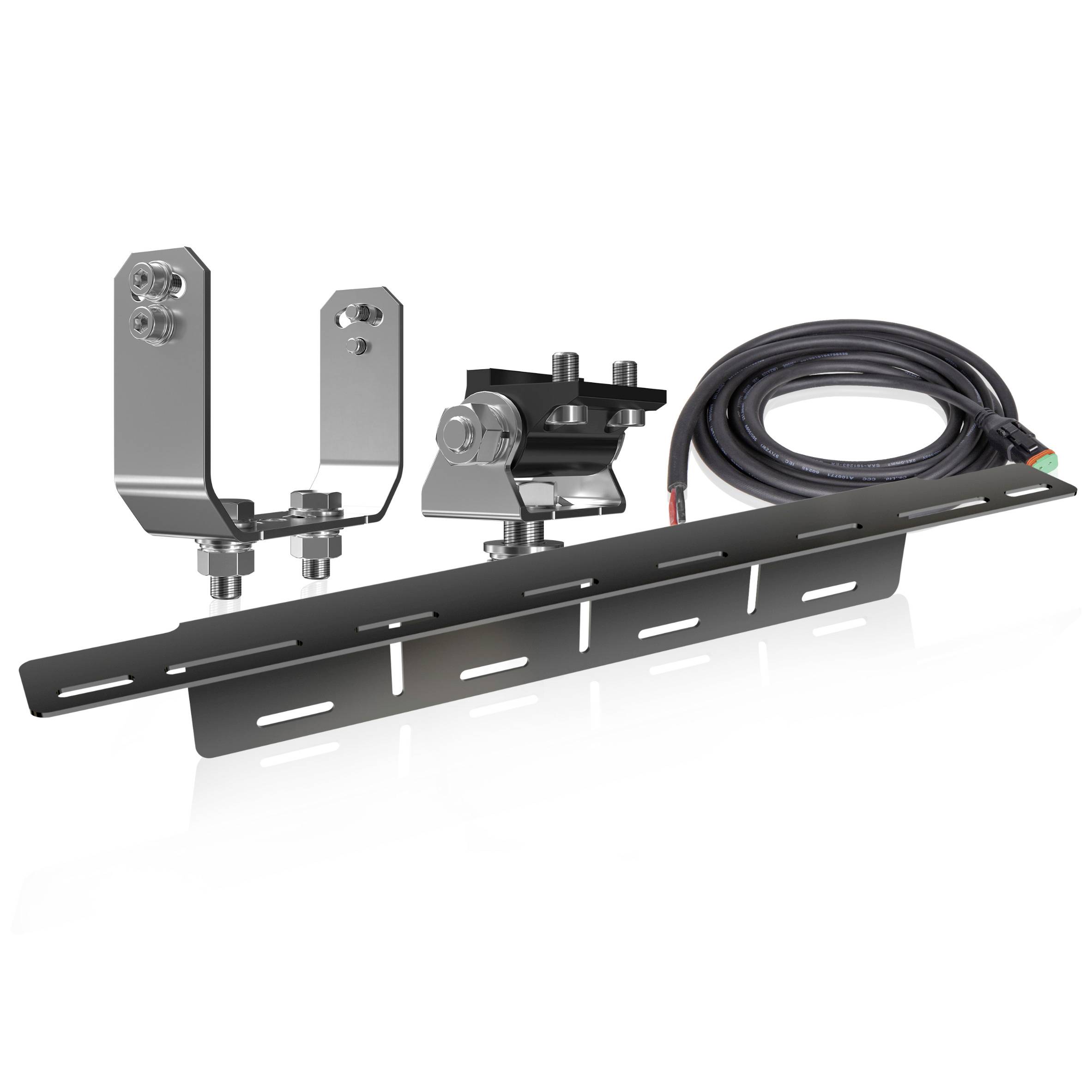 A solar panel mounting kit with mounting brackets, connection cables, and a metal-look mounting rail, set against a white background.