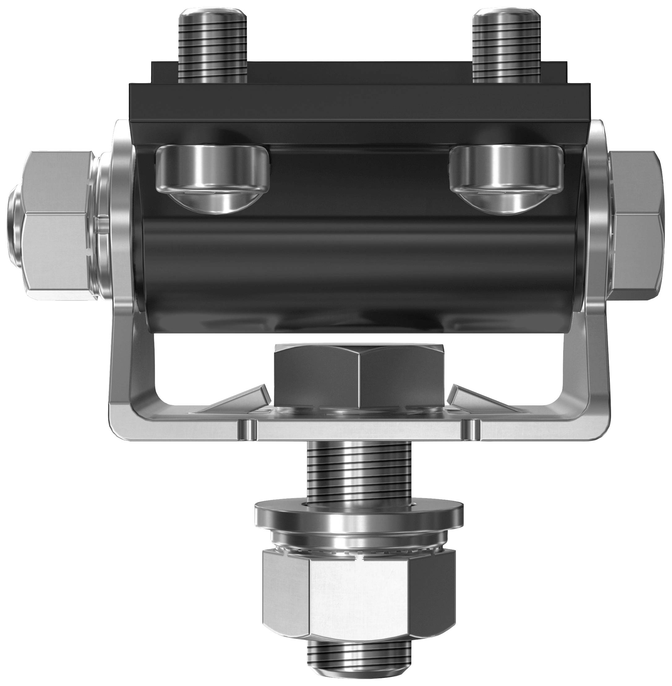 A metal component with several screws and nuts, likely a connection element that is fastened or mounted on a machine.