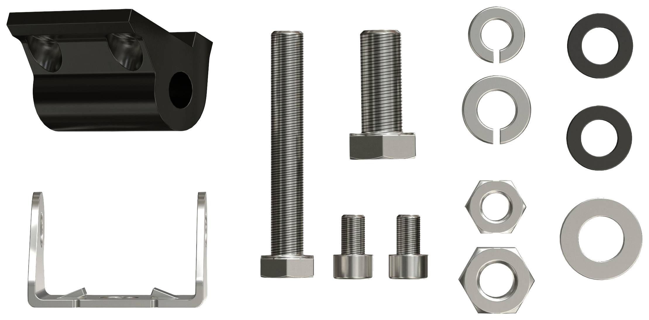 Several metal components, including screws, nuts, and washers, are arranged on a white background.