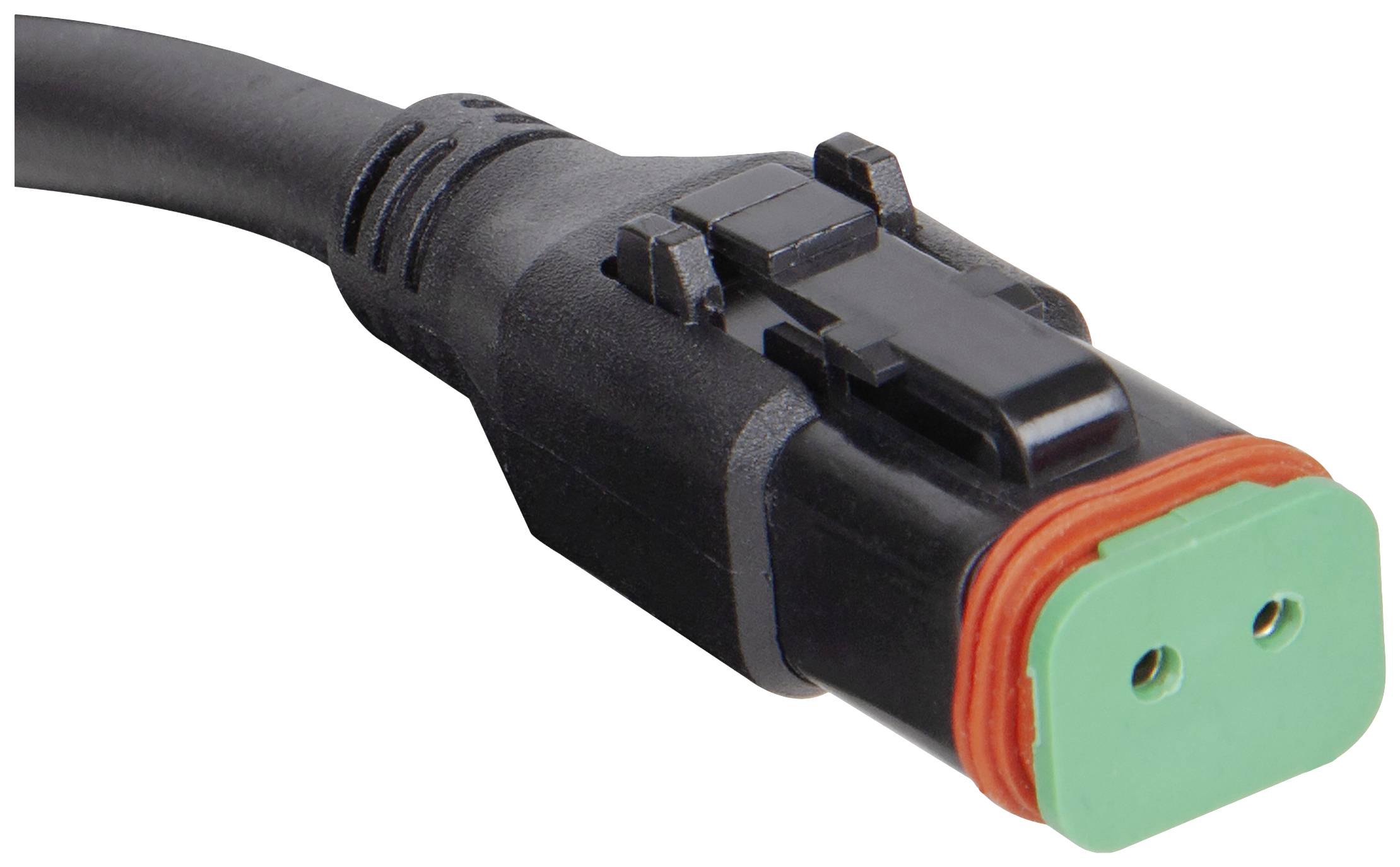 Cable with rectangular plug, green front surface and red seal, suitable for electrical connections in vehicles.