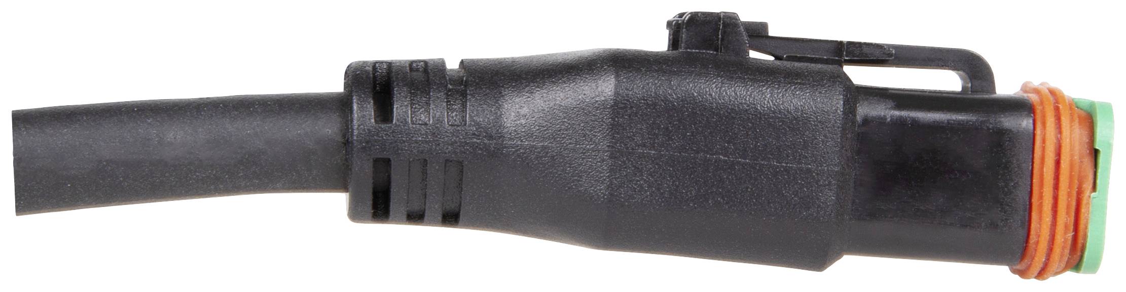 A black, isolated electrical plug with an orange sealing ring and locking mechanism, closed.