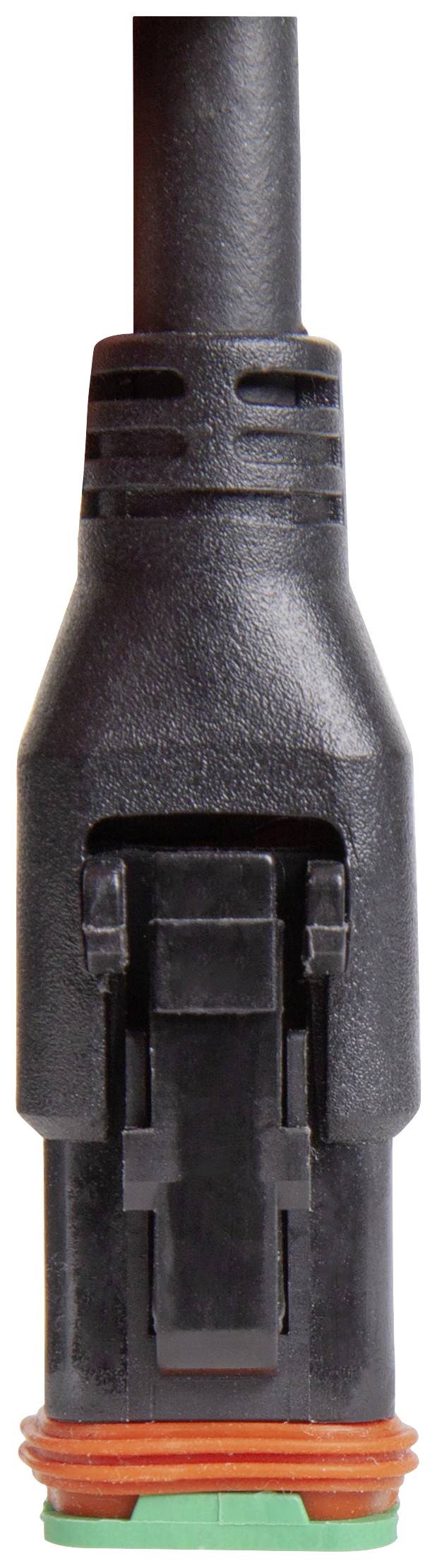 A black electrical connector with green and orange sealing gaskets at the lower end, used for electrical connections.
