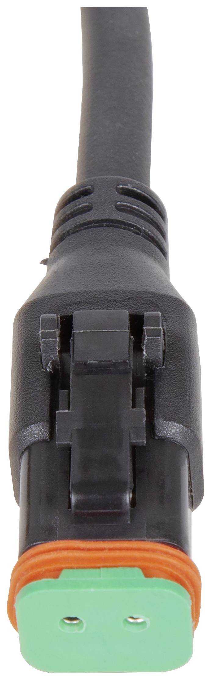 Black-green electrical connector with cable, front view. The green end has two metal contacts and an orange seal.