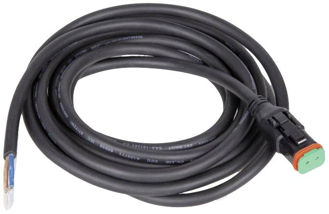 Black electric cable with plug connector at one end and exposed wire at the other, suitable for electronic devices.